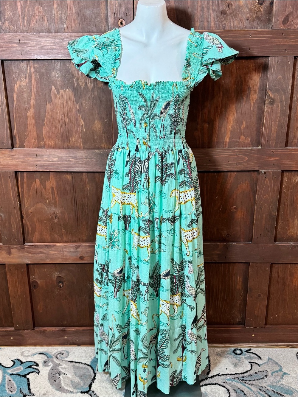 Aqua Jungle-Print Maxi Dress with Smocked Bodice and Flutter Sleeves